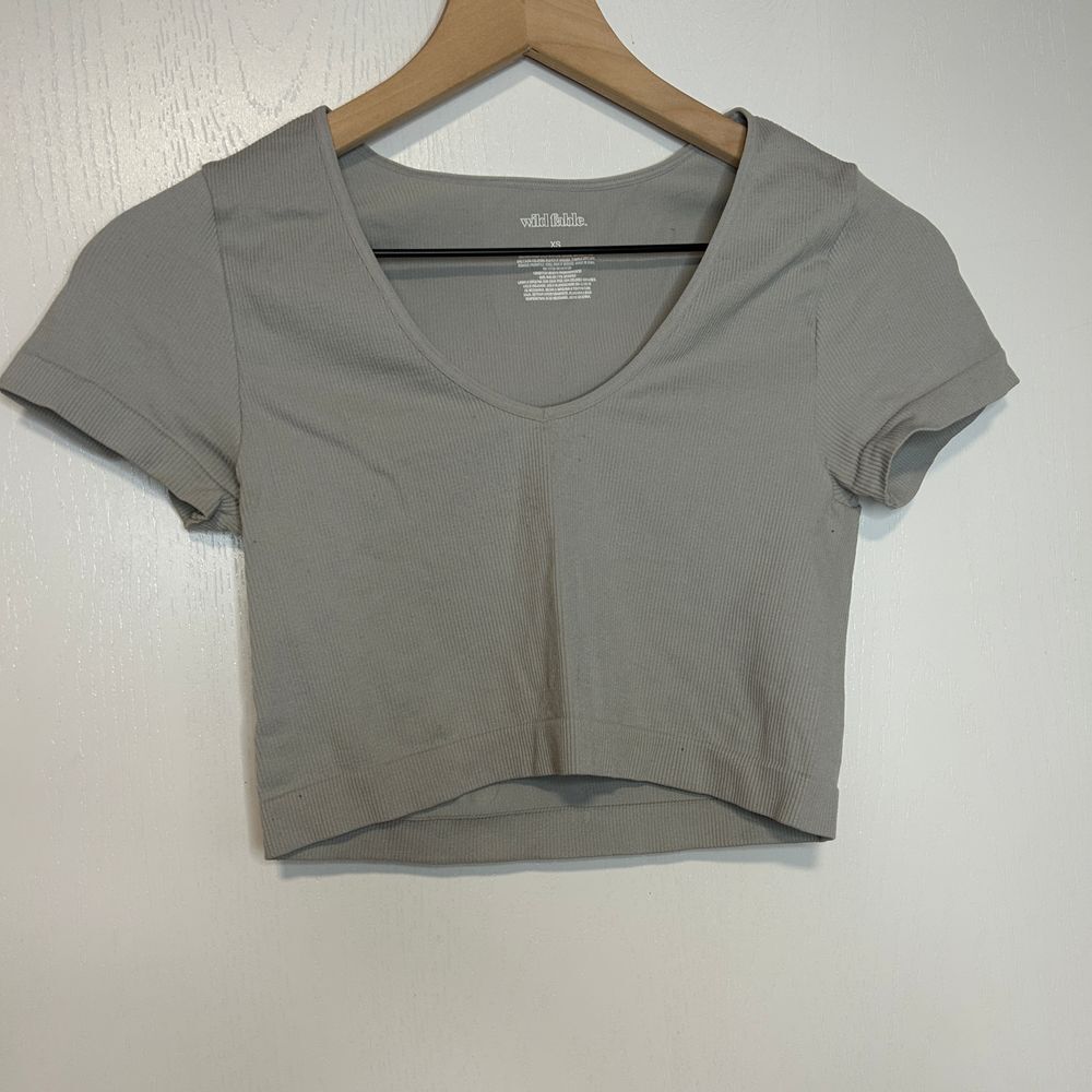 Wild Fable Gray Ribbed Crop Top V-Neck Short Sleeve Stretchy XS A56